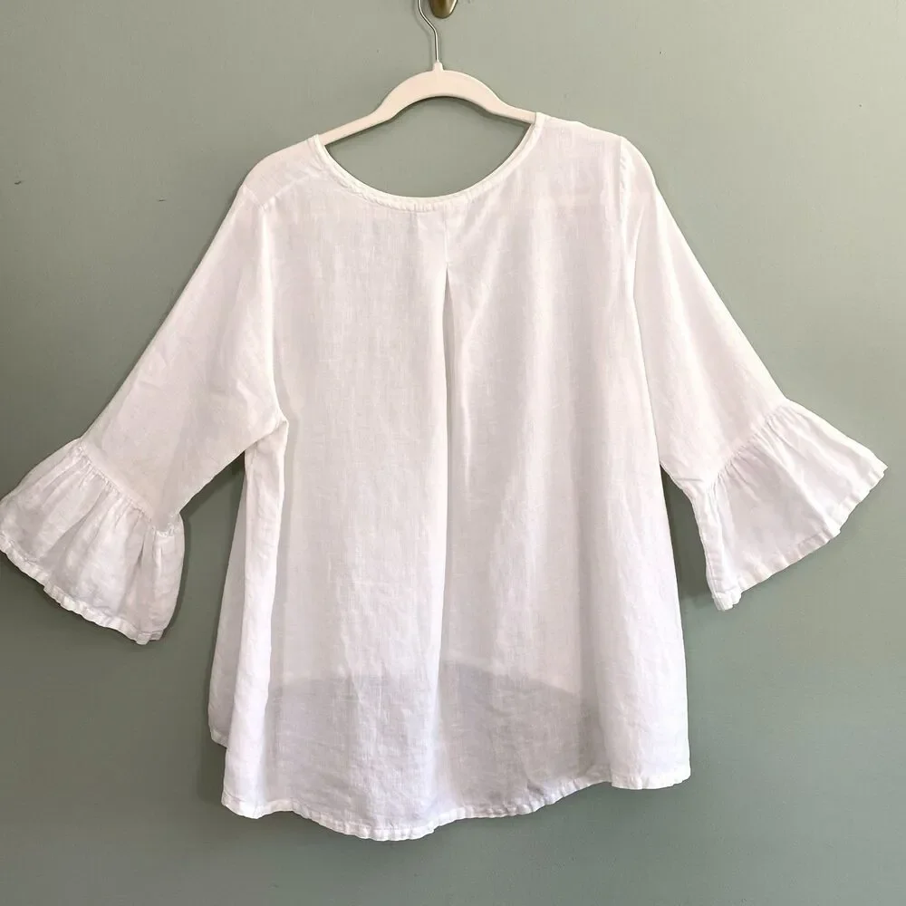Bryn Walker Linen Top Bell Sleeves Womens Large White Lagenlook Cottage Coastal - Picture 3 of 11